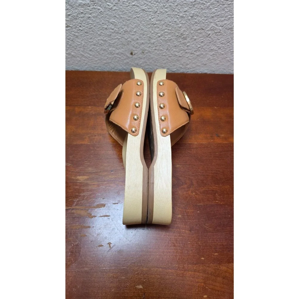 Beek Wood Sole Leather Slide Sandals Womens 7 Tan Buckle Studded Clogs Platform
